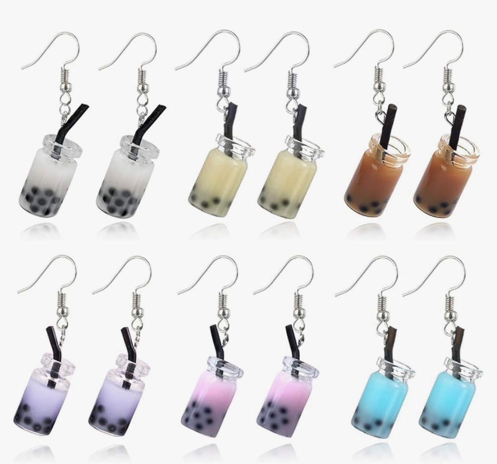 6 pairs of Bubble Boba Tea Dangle Earrings Funny Personality Milk Tea Drink