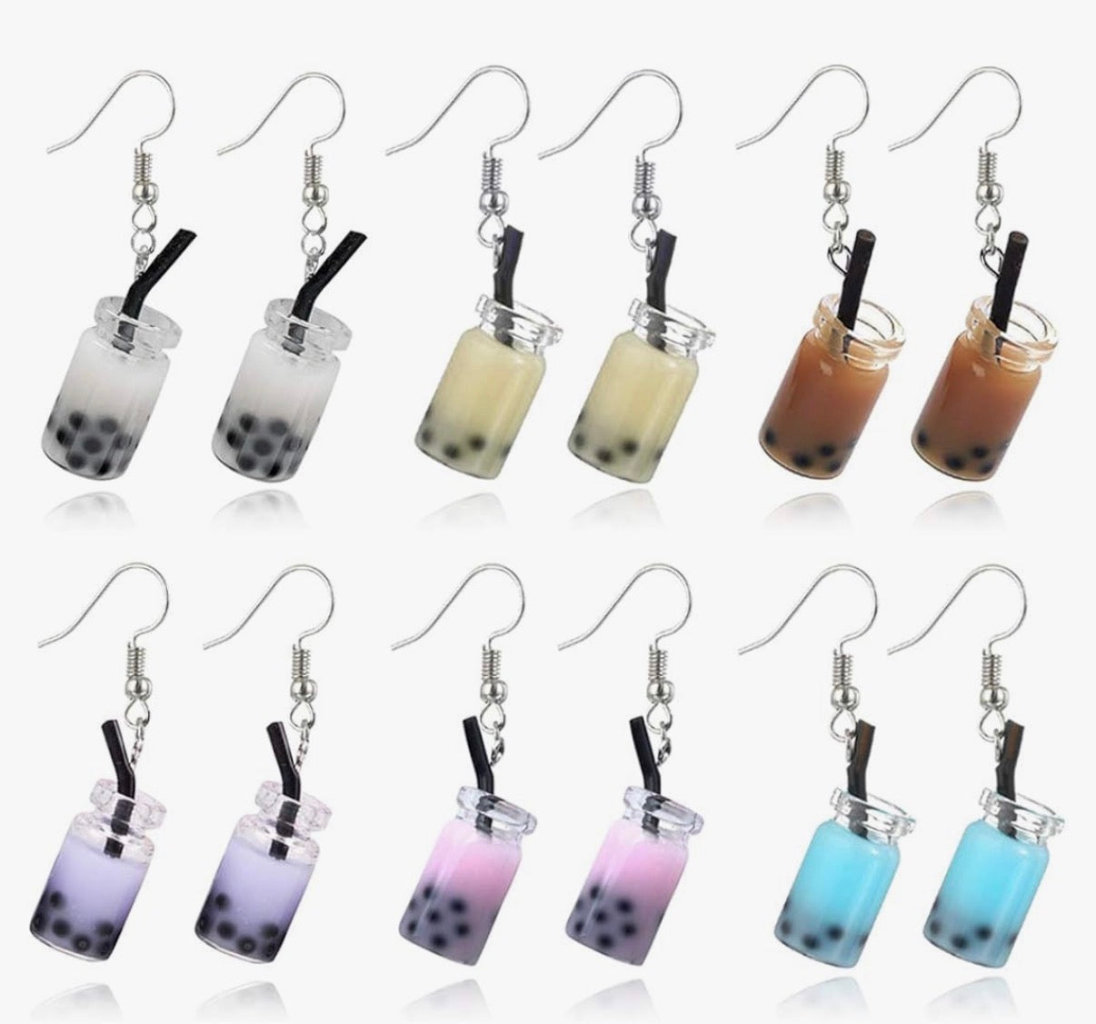 6 pairs of Bubble Boba Tea Dangle Earrings Funny Personality Milk Tea Drink