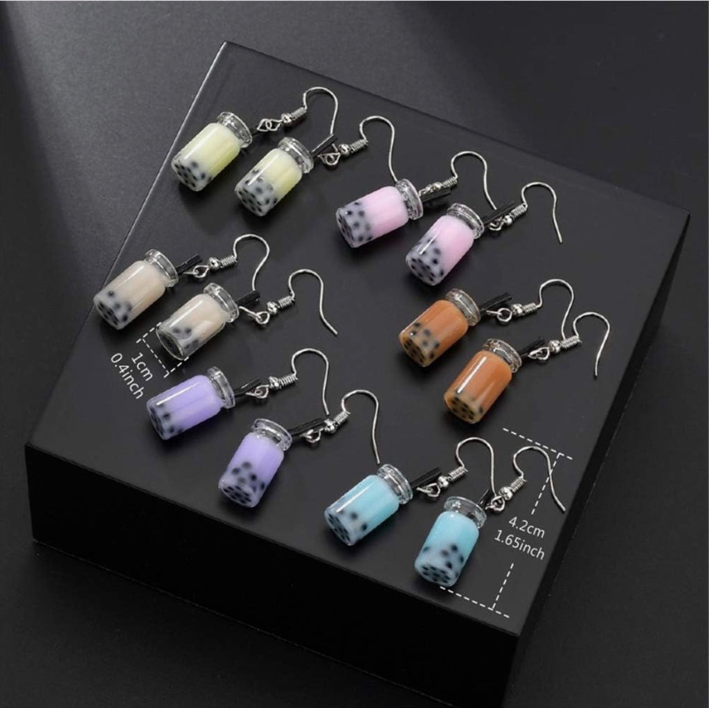 6 pairs of Bubble Boba Tea Dangle Earrings Funny Personality Milk Tea Drink