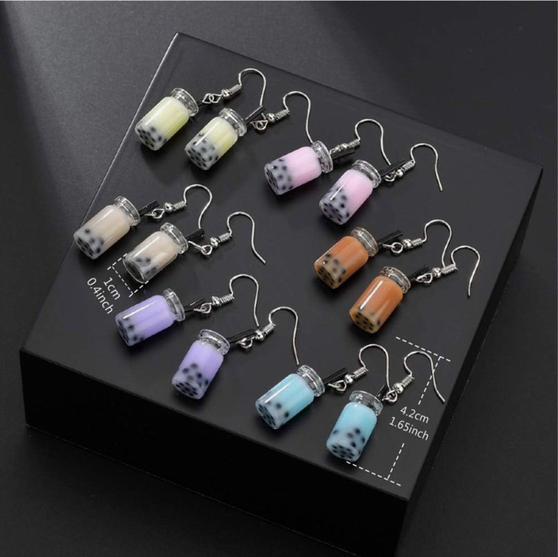 6 pairs of Bubble Boba Tea Dangle Earrings Funny Personality Milk Tea Drink
